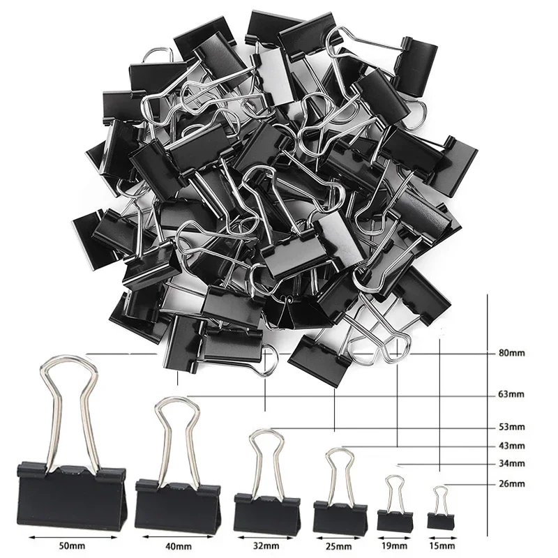 5pcs Metal Binder Clips Paper Clamps Black 15/19/25/32/41/51mm Notes Letter Paper Clip Office Supplies Binding Securing Clips