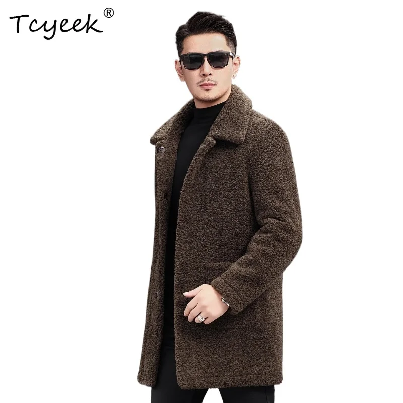 Tcyeek Genuine Leather and Fur Integrated Coat Men's Clothing Mid-length Lapel Collar Jacket Male Winter Thickened Coats Roupas