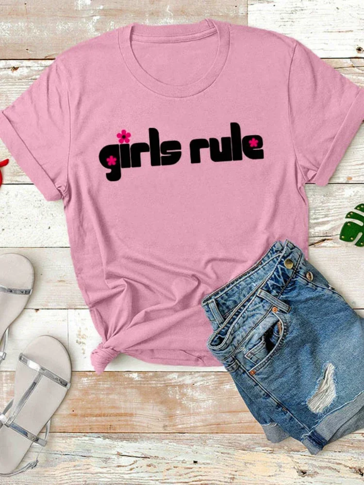 Print Women T Shirt GIRLS RULE Flower  Short Sleeve O Neck Loose Women T Shirt Ladies Tee Shirt Tops Camisetas Mujer