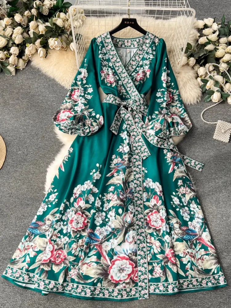 

Hikigawa Chic Fashion Women Elegant Bandage Slim Waist Dresses Vintage Casual All Match V Neck Puff Long Sleeve Vestidos Mujer