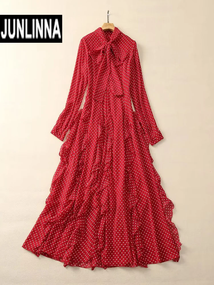 

JUNLINNA Spring Autumn Chiffon Dress Scarf Collar Long Sleeve Ruffles Runway Vestidos Fashion Polka Dot Printing Expansion