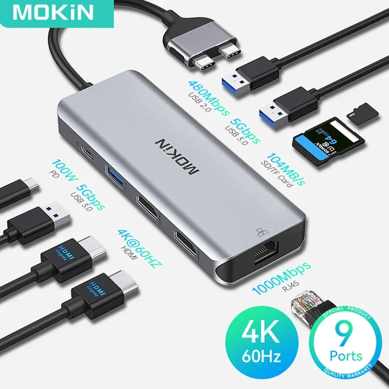 MOKiN 9 in 2 USB C Hub Docking Station 2 HDMI 4K@60HZ Adapter RJ45 Thunderbolt 3 SD/TF PD 100W for MacBook Pro Air Accessories