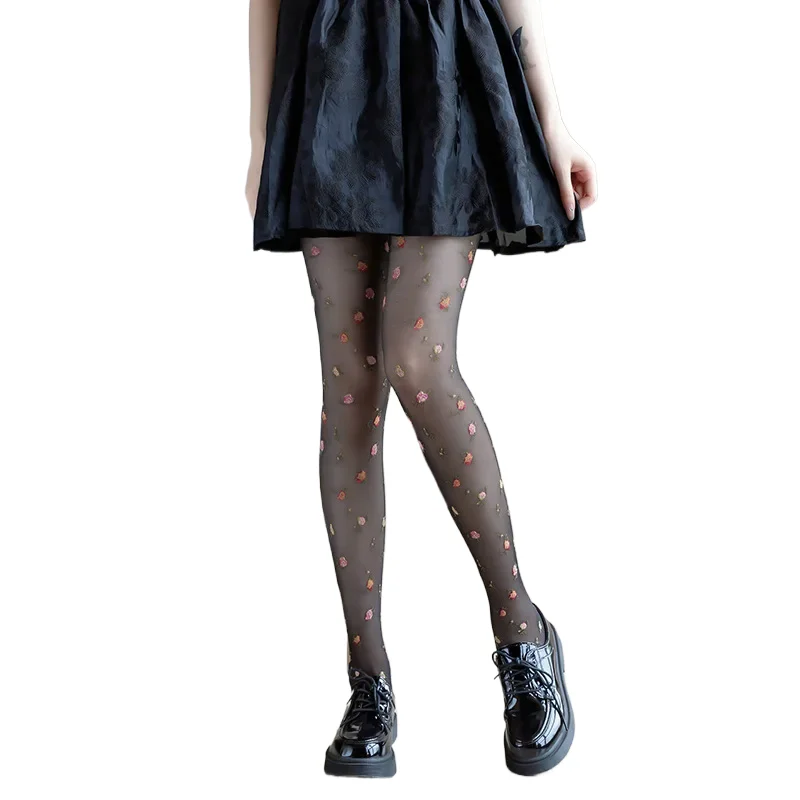 

Lolita Red Floral Tights Woman White Black Medias Socks Transparent Thin Pantyhose Y2K Club Stockings.