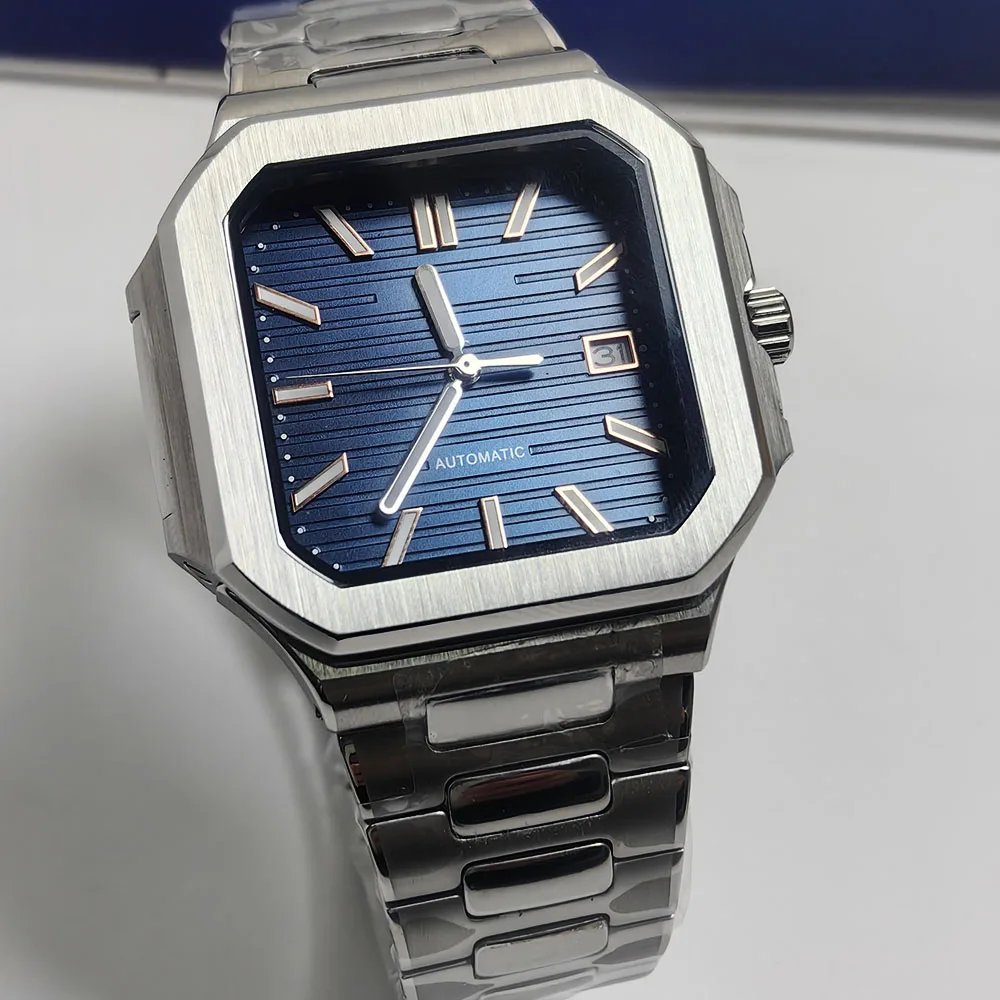 Reloj cuadrado de 38MM, caja de acero inoxidable, pulsera, botón plegable, Esfera luminosa NH35, movimiento mecánico automático, resistente al agua