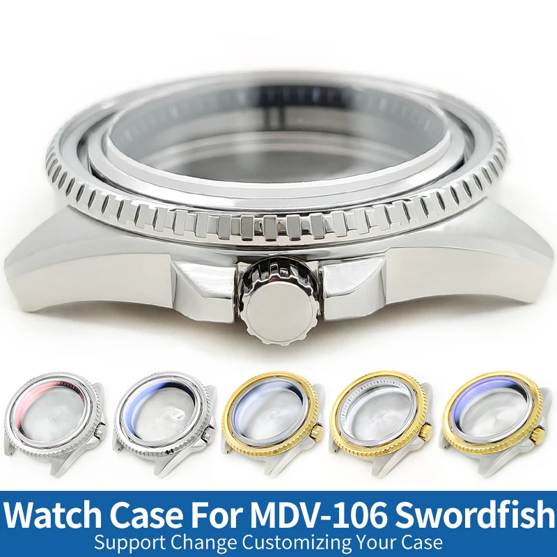 

MDV-106 Watch Case Fits Swordfish 3 o'clock MOD Silver/Gold Sapphire Glass Crown Caseback Watch Parts Stainless Steel Cases