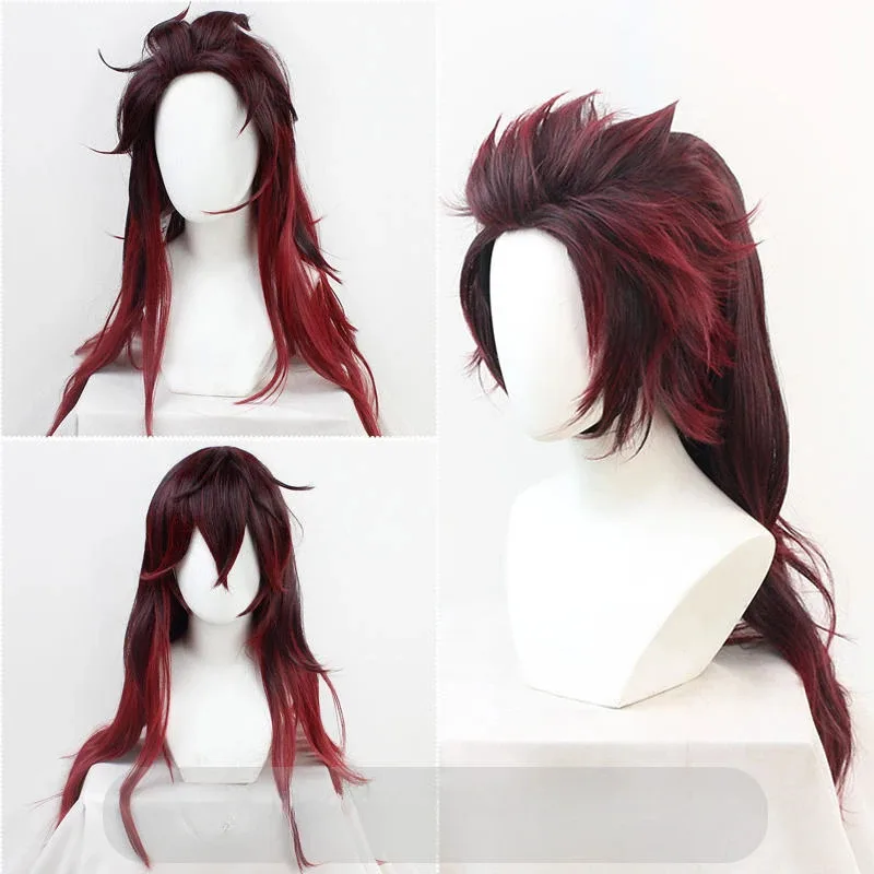 Tanjirou Kamado 가발 Kimetsu No Yaiba 코스프레 긴 빨간색 검정색 혼합 내열성 합성 머리 파티 가발 할로윈 의상;3.