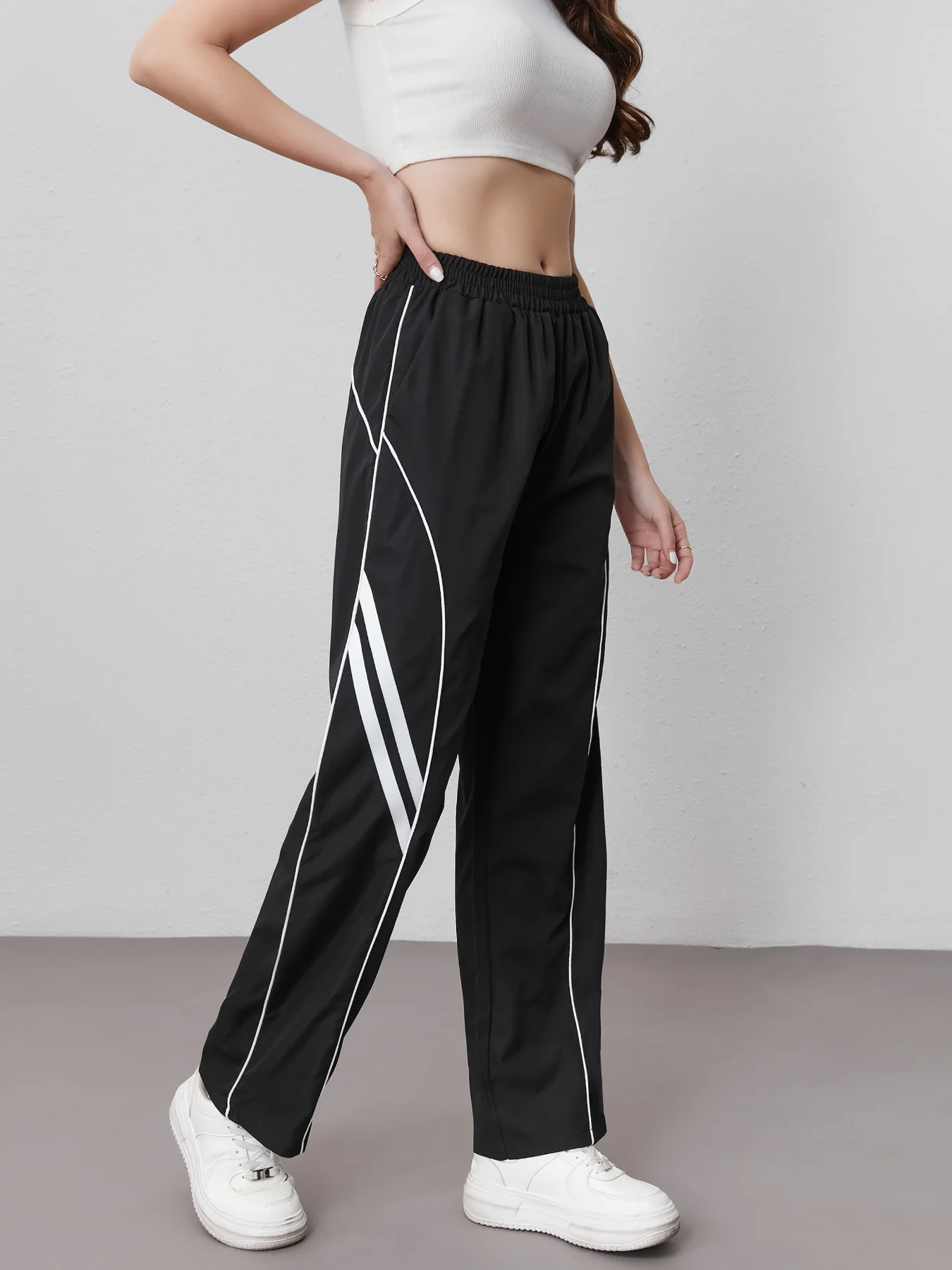 Ladies Y2K High Waist Slimming Elastic Waist Side-Seamed White Edge Loose Casual Pants Outdoor Leisure Sports Long Trousers