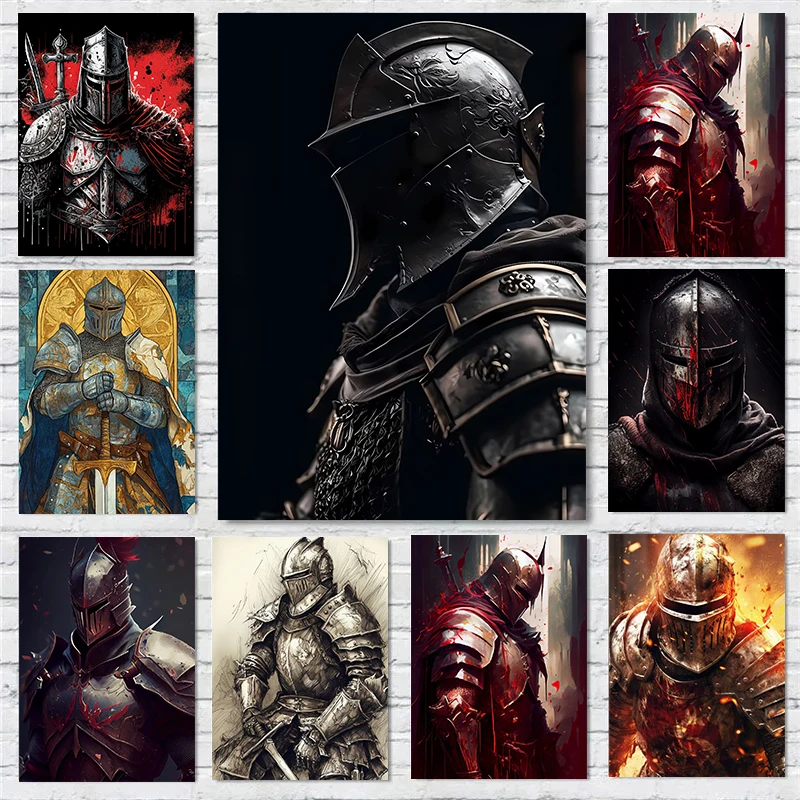 (No frame)Medieval Knight Posters Vintage Knight Painting Prints Canvas Painting Warrior Wall Art Pictures Home Room Modern a