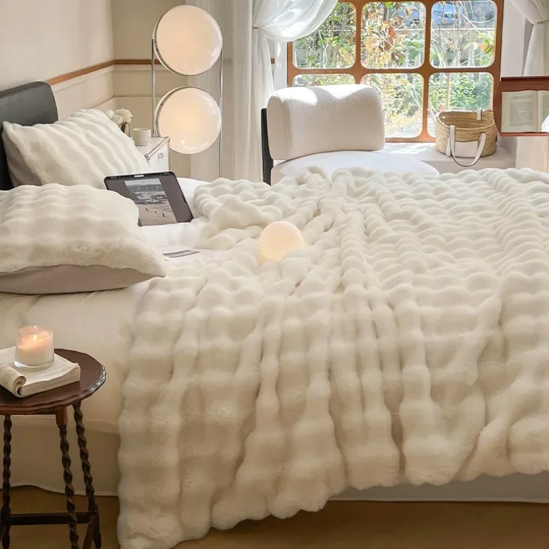 High Quality Faux Fur Blankets for Bed Winter Fluffy Bubble Plush Throw Blanket Living Room Sofa Cover Pillowcase Christmas Gift