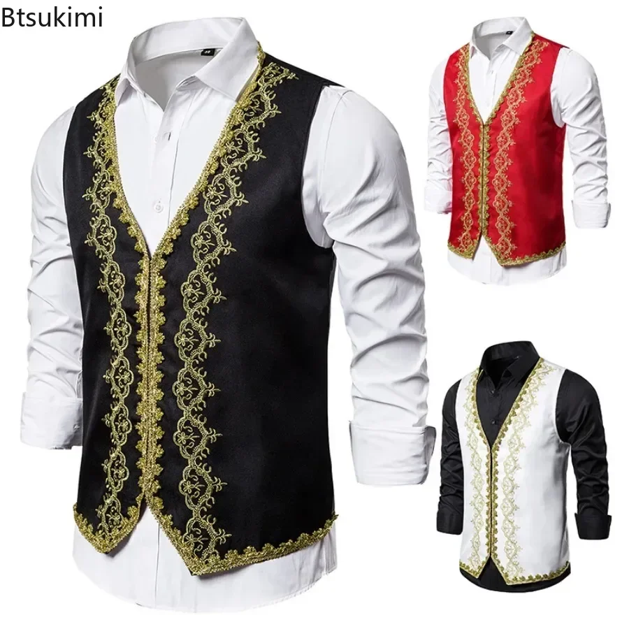 

New Stylish Gold Embroidery Baroque Vests Men's Slim Palace Banquet Clothing Waistcoat Men Stage Prom Drama Opera Costume Gilet