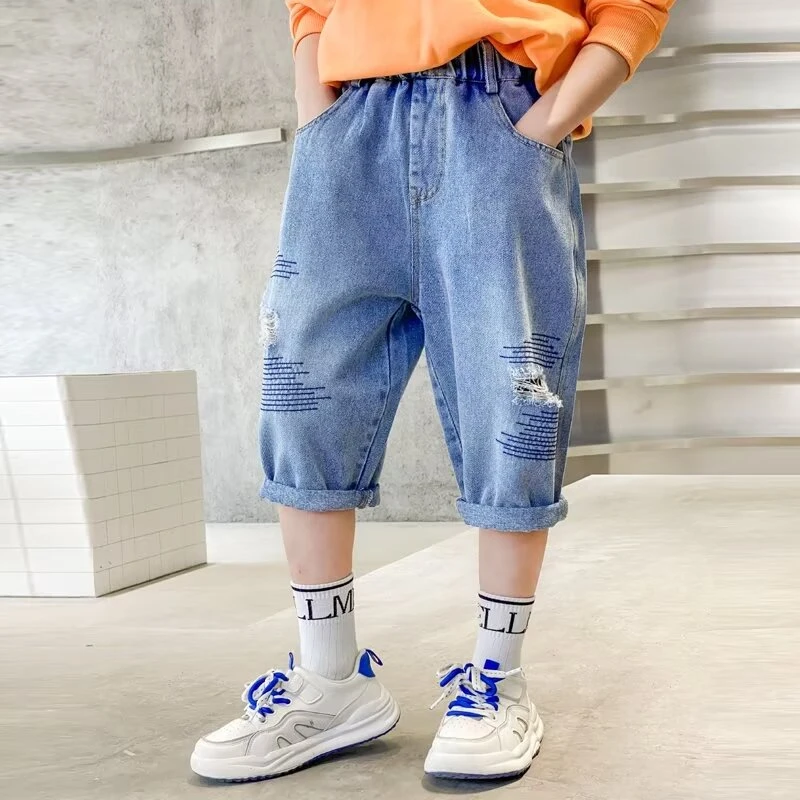 Boys Fashion Hole Jeans Short Pants Leisure Sports Pocket Decoration Five-point Denim Trousers Sport Clothing Outwear For Kid