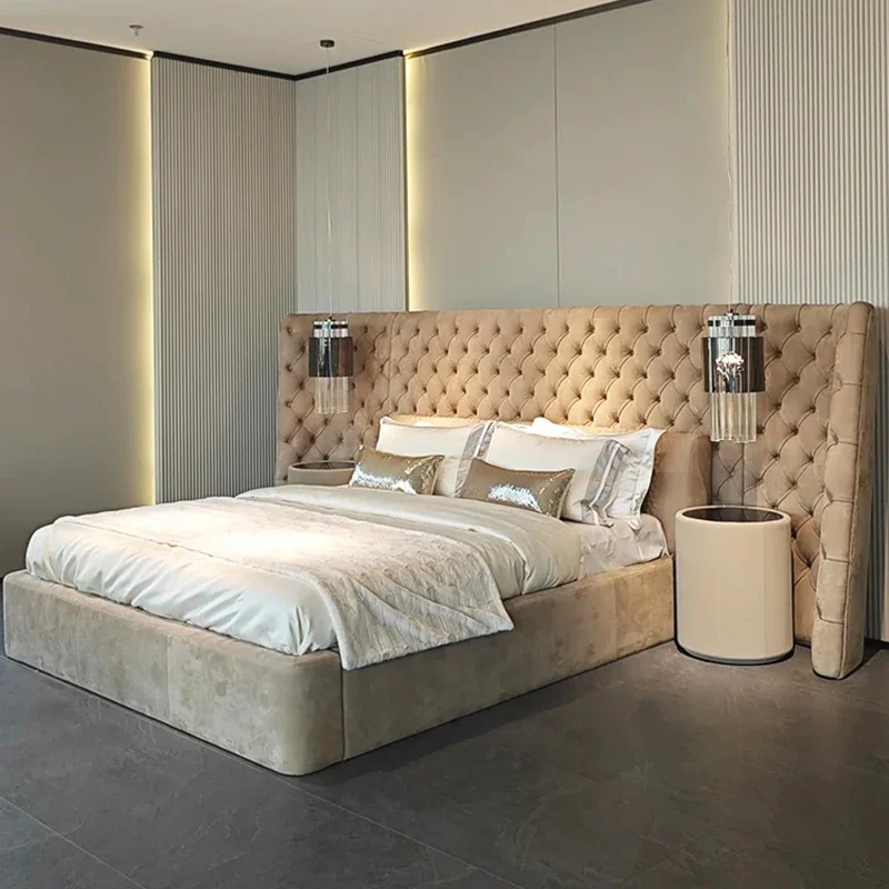 Customizable Luxury Back Cushion With Button Leather Double Bed Queen/King  Wedding Soft Bed  Elegant Bedroom Furniture
