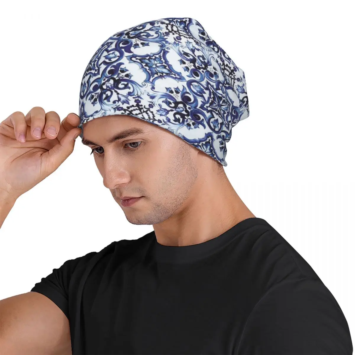 Blue Ornate Floral Mediterranean Sicilian Tile Unisex Adult Beanies Caps Knitted Bonnet Hat Warm Autumn Winter Skullies Hats