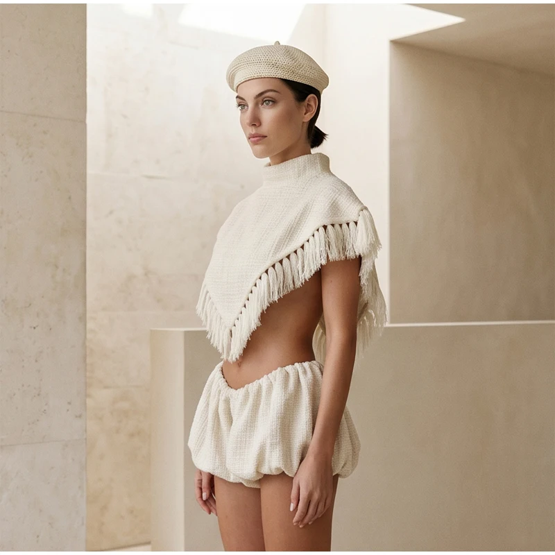 Women Solid Shorts Set Sleeveless Fringe Trim Triangle Wrap Crop Top Elastic Waist Bubble Mini Shorts Lady Vacation Beach Outfit