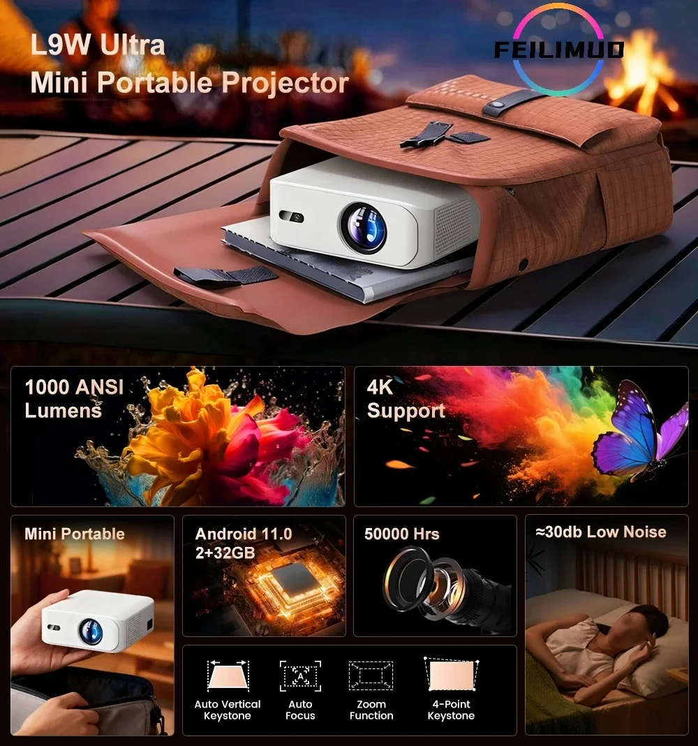 

Ультрамини-проектор Feilimud L9W на Android с автофокусом, разрешением 1080P HD, яркостью 1000 ANSI люмен и низким уровнем шума, идеально подходит для домашних кинотеатров