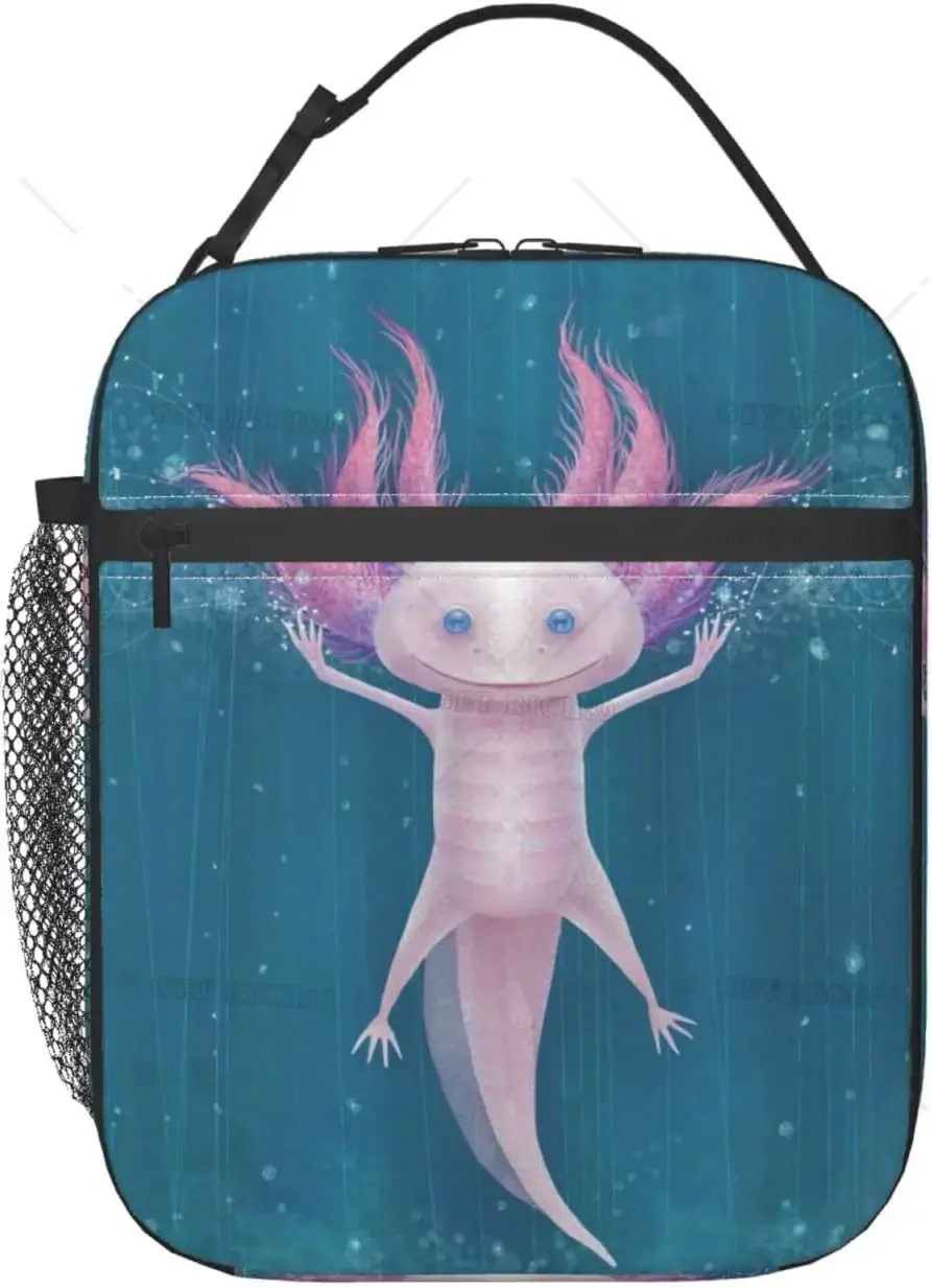 Stylized Rainbow Axolotl Print Insulated Lunch Bag Reusable Portable Lunch Box Keep Warm/Cool Tote Bag with Pocket for Work