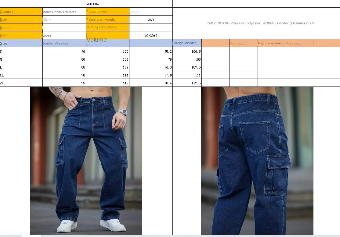 2026 New Men's Deep Blue Washed Denim Workwear Jeans Casual Multiple Pockets Design Loose Wide Leg Trousers Style Cargo Pants