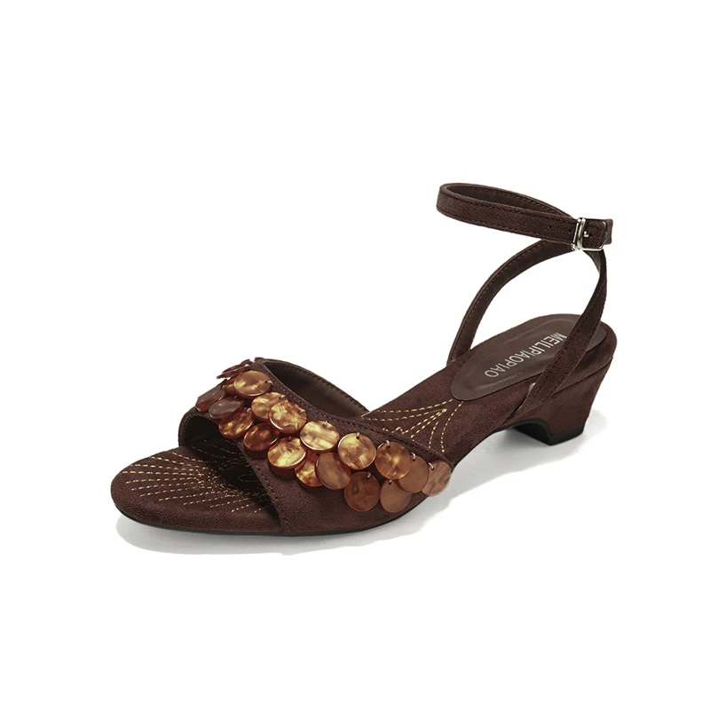 4cm Woman Sandals Low Heels Elegant Brown Shoes Summer Sequins Wedge Heel Ladies Shoes Beige Designer Sandals