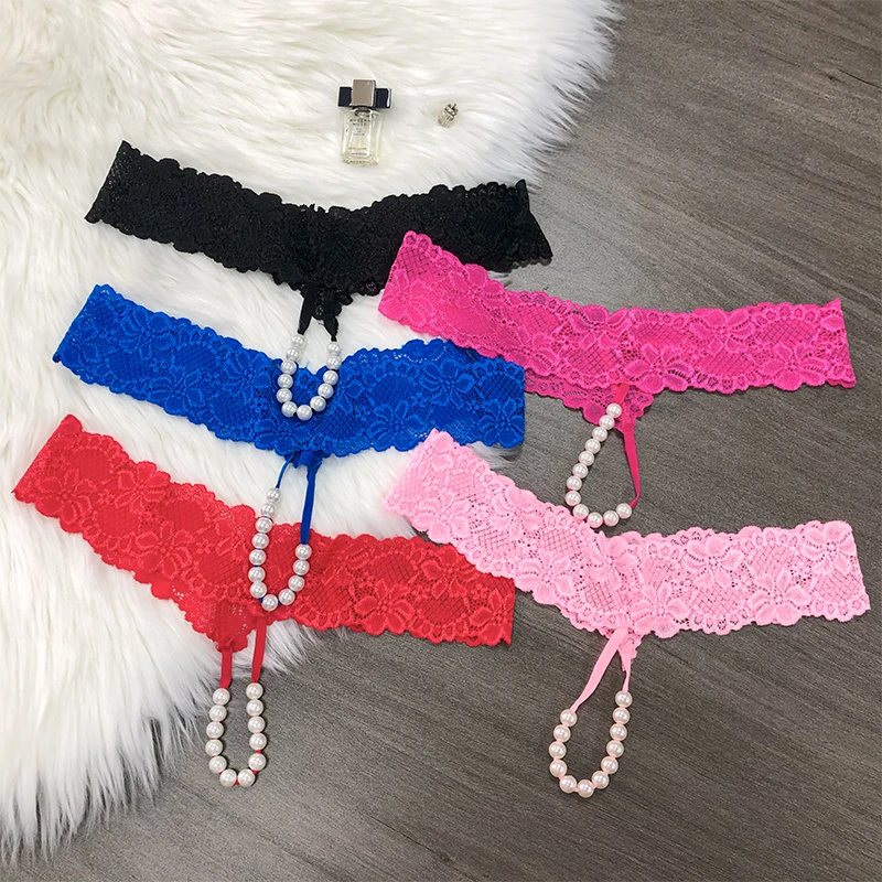 Women Briefe Sexy Lace Massage Pearl G-String Erotic Thongs Solid Low Waist Underwear Drawers Personal Secrets Hot Wife Gift