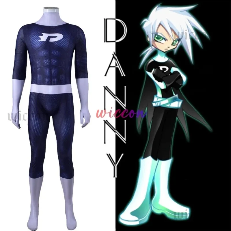 

NewAdults Kids Boys Danny Phantom Cosplay Costume Danny Fenton Zentai Suit Anime Superhero Halloween Bodysuit Jumpsuit Men Women