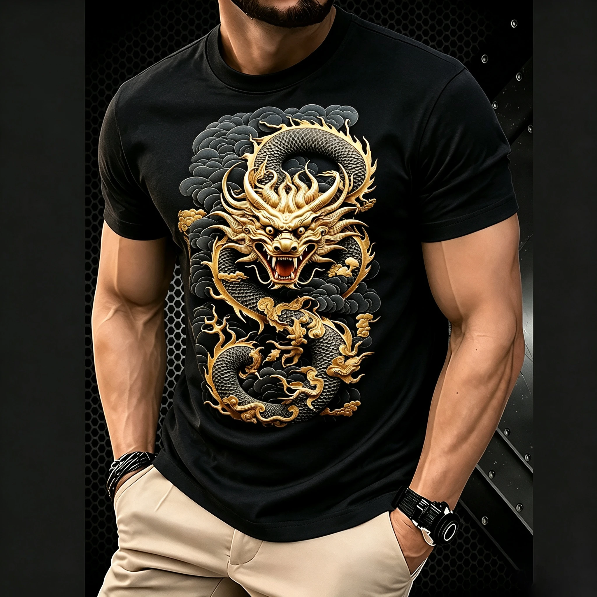 Japanese Dragon Trend Men T-shirt Top Casual Loose Fit Crewneck T-shirt Pattern Printed Round Neck Short Sleeved Homme Vetement