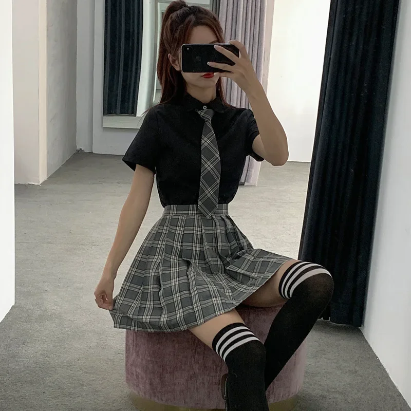 School Dresses For Girls Black Shirt With Tie Short-sleeved Navy Sailor Suit Large-size S-3XL Anime Form High School JK Uniforms