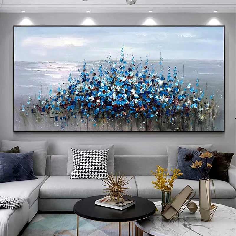 

OQ 100% Hand Painted New Textured Design Oil Painting Home Wall Decoration Blue Flower Art Canvas Picture Living Room Decorative