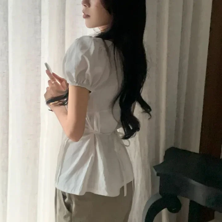 

Lace Up Slim Fit Puff Sleeve Shirt For Women's Summer New Design Pleated Top