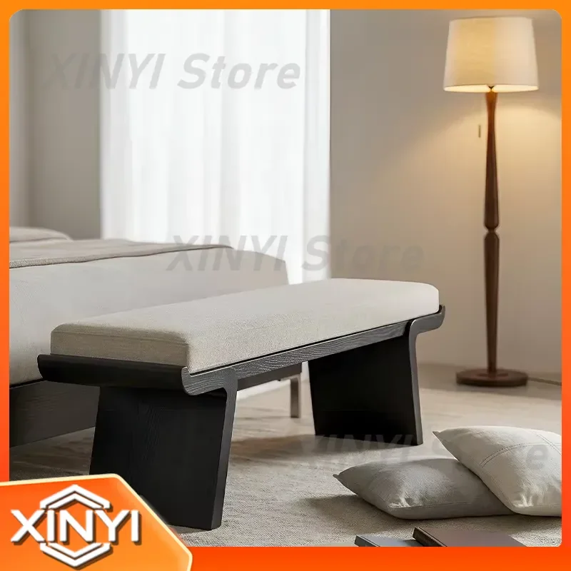 Medieval Villa Bedroom Stool Furniture Wabi Wind Bed Tail Black Bench Living Room Sofa Chair for Elm Solid Wood