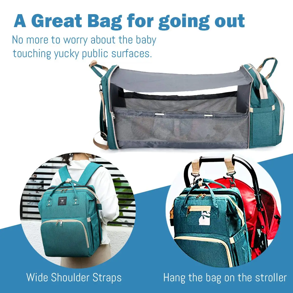Foldable 3-in-1 Diaper Bag Backpack with USB Charge Waterproof Travel Bag Baby Bed And Changing Mat Included
