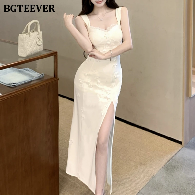

BGTEEVER элегантное женское облегающее платье миди на тонких бретельках с разрезом летнее стильное женское платье без рукавов на бедрах Vestidos