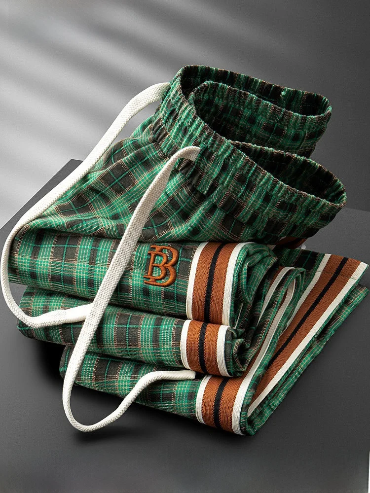 

Летние тонкие повседневные брюки в клетку для мужчин с контрастными вставками, эластичным поясом, высококачественной вышивкой и прямыми штанинами