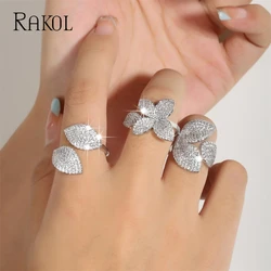 RAKOL Flower Leaf Adjustable Rings for Women Delicate Silver Color Zircon Open Ring Fashion Wedding Party Jewelry