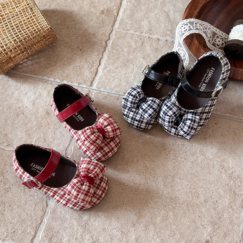 JGSHOWKITO Little Girls Plaid Mary Jane Shoes Sweet Bow Children Leather Shoes for Princess Wedding Party Kids School Flat Shoes