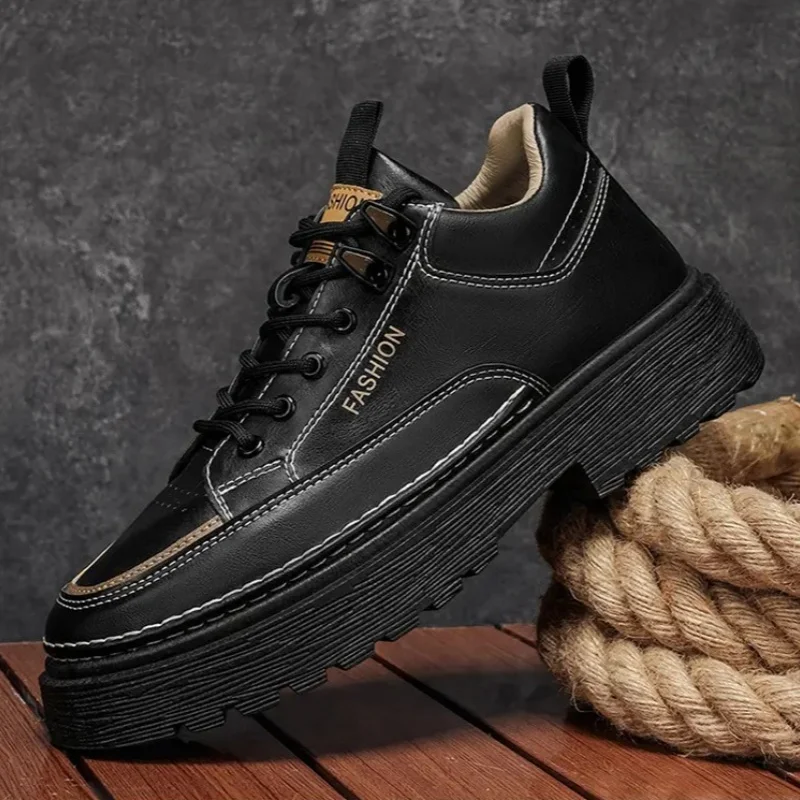 Men Workwear Shoes All Seasons Retro Casual Sneakers Distressed Texture Chunky Sole Lace Up Stitching Details Footwear