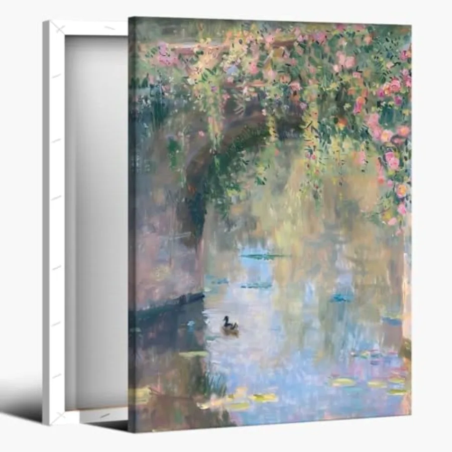

Monet Style Pastel Oil Painting French Country Wall Decor Impressionist Floral Wall Art Vintage Water Lily Print Duck Poster Fr