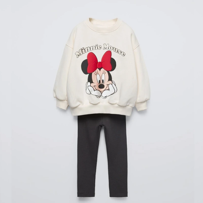 

Minnie Sweatshirt Black Leggings Two Piece Set Cute Round Neck Tops+Pants Children New Design Long Sleeve Outfits Outer Wear