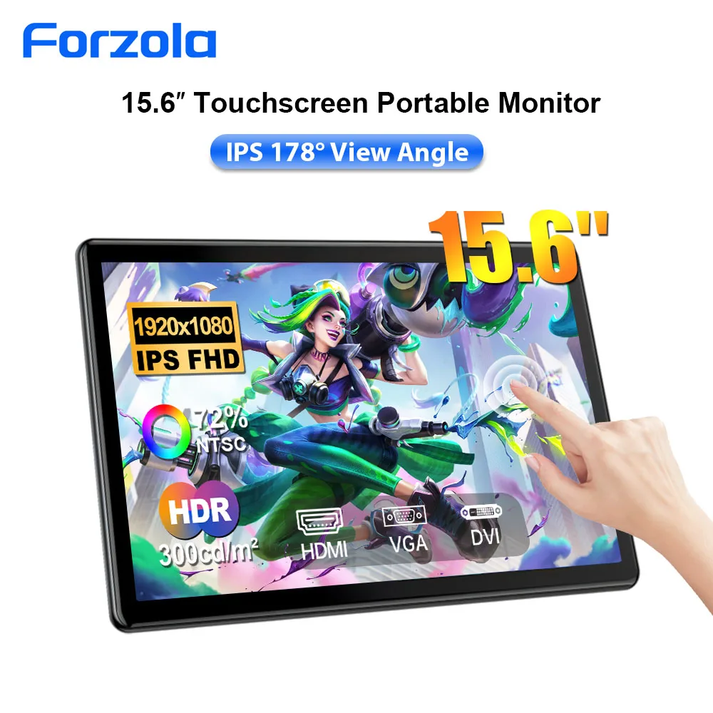 Monitor Portátil Touch Screen FORZOLA de 15.6 polegadas 1920*1080 HDMI/DVI/VGA com VESA 75x75, Segundo Display para Laptop, PC e Uso Industrial