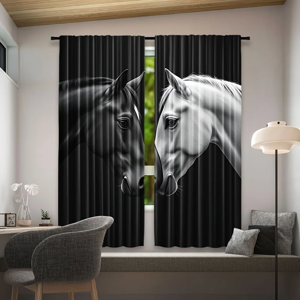 2 Panels Black White Horse Printed Curtains Polyester Living Room Bedroom Window Drapes Home Decor