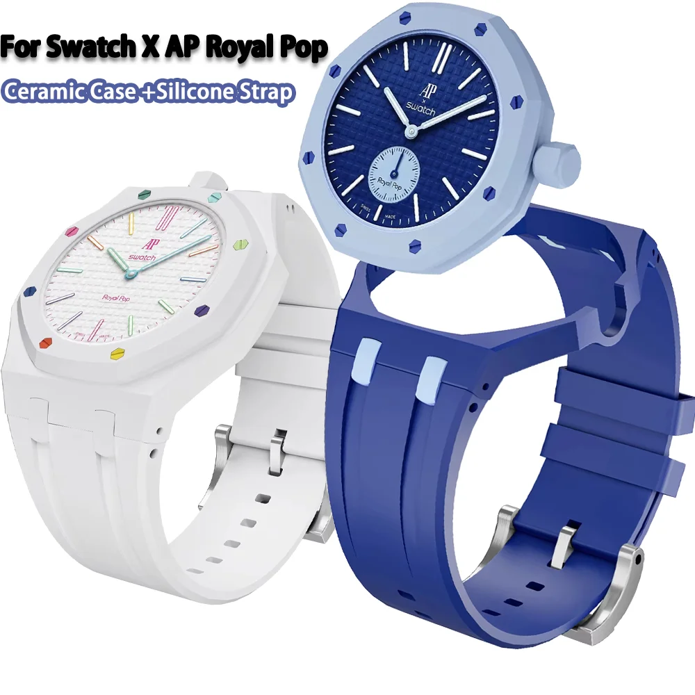 Ceramic Case +Silicone Strap 2 in 1 for Swatch X AP Royal Pop Pocket Watch Modification Integrated Correa Swatch X AP Royal Pop