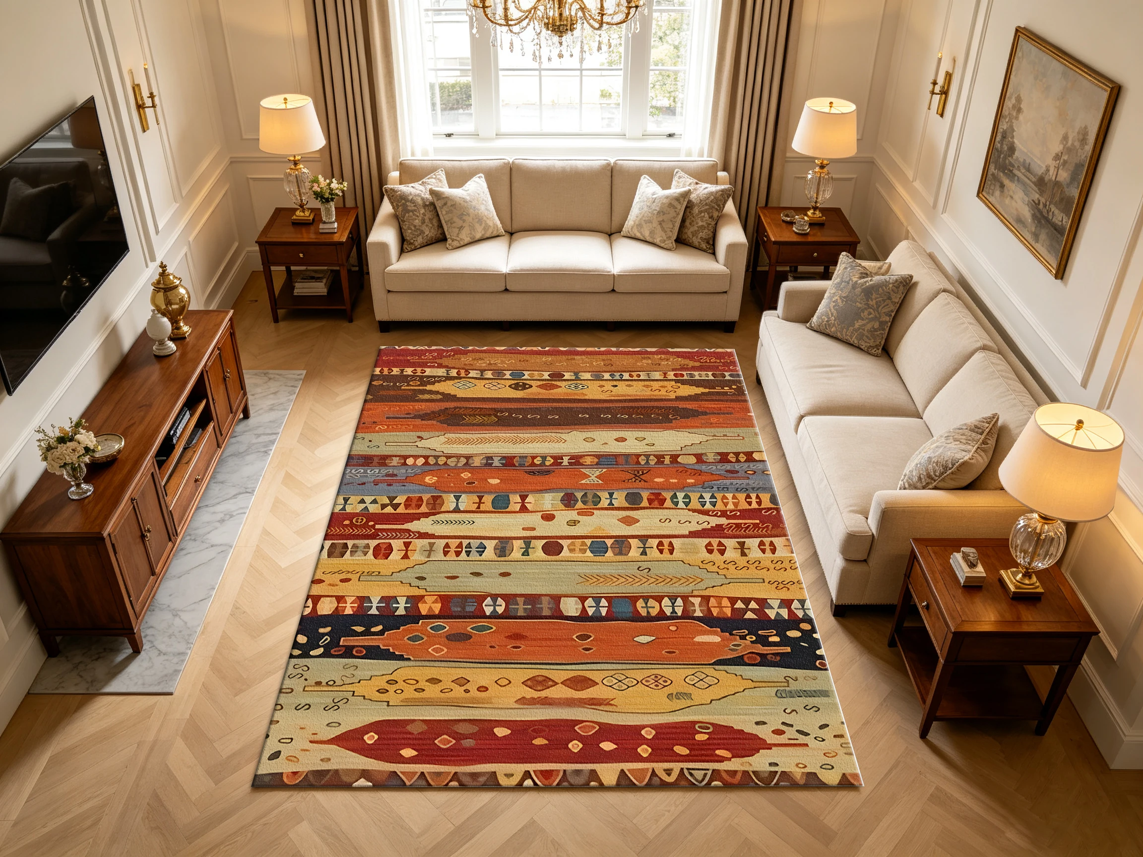 Boho Ethnic Striped Geometric Carpet Flooring Retro Tribal Pattern Area Rug for Living Room Indoor Decor