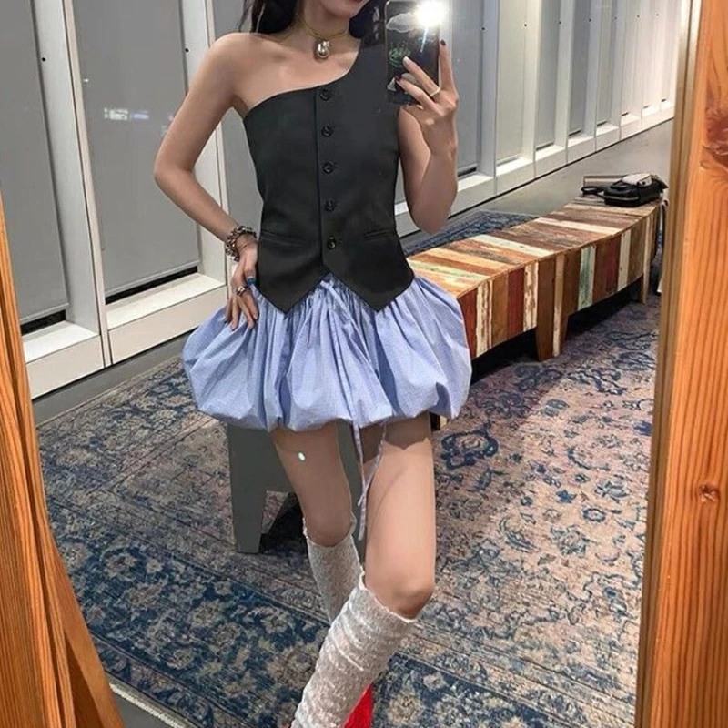 

Wear A Playful and Lively Dopamine Suit, Sleeveless Vest, and Blue Bud Skirt.