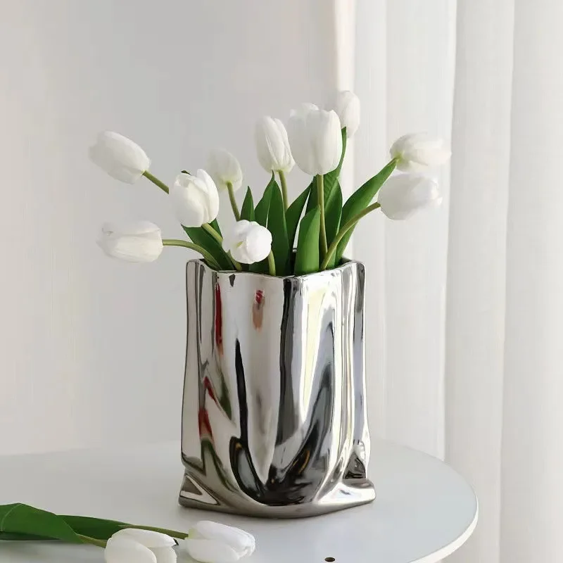 Silver Ruffled Flower Vase Ceramic Vase Porcelain Flower Arrangement Decoration Bag Shape Terrarium