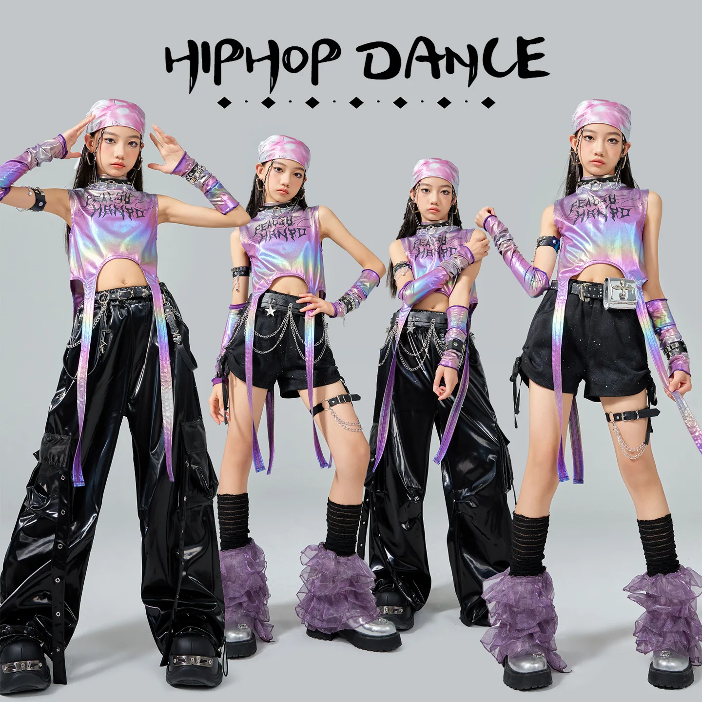 Hip Hop Performance Suit Girls Kpop Stage Costumes Silver Crop Top Black Shuffle Pants Kid Model Fashion Clothes Streetwear