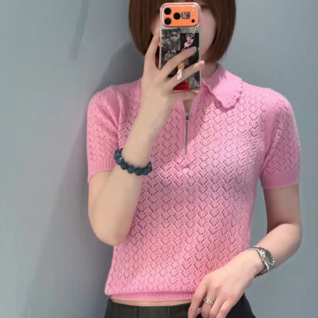 2026 New Summer Fashion Pink Cute Knitted Tops Women Peter Pan Collar Zipper Short Sleeve Hollow Out Crochet Knit Casual T-shirt