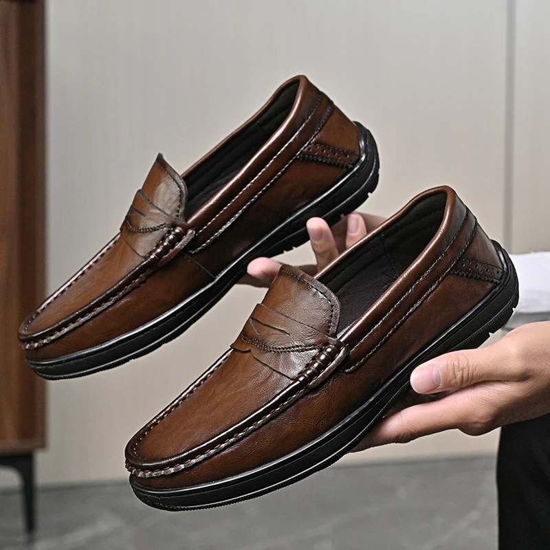 

Мужские винтажные лоферы: стильные повседневные туфли без шнурков, удобные для ежедневной носки, плоская подошва, износостойкая нескользящая обувь