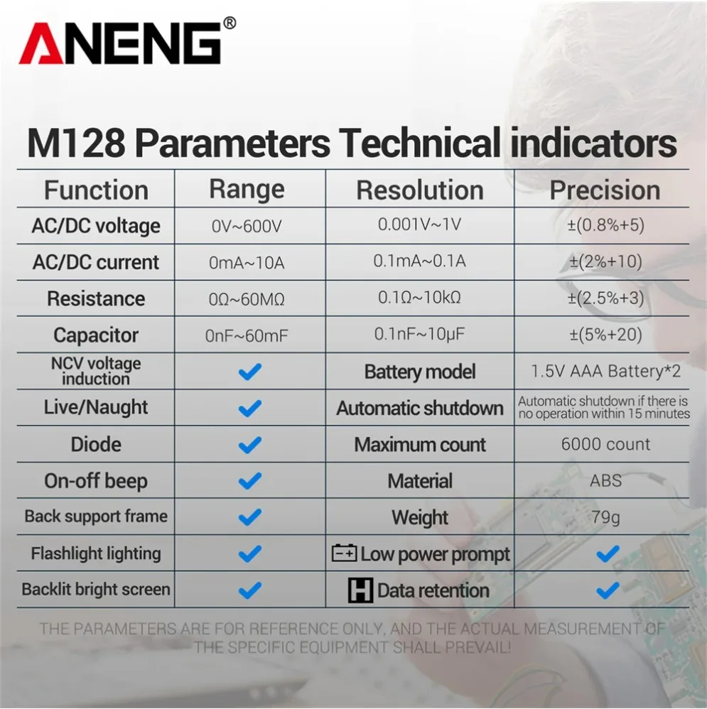 

ANENG M128 AC/DC Resistance Capacitor NCV Voltage Multifunction Multimeter 6000 Count Megometro Tester Induction Voltage Current