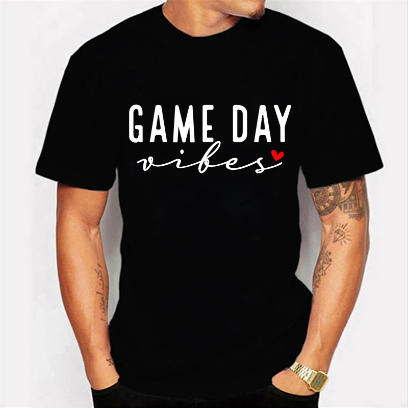 Summer Trend Game Day Print Men T-shirt Heart Pattern Short Sleeve Loose Street Style Casual Loose Shirt Man Harajuku Top Tees