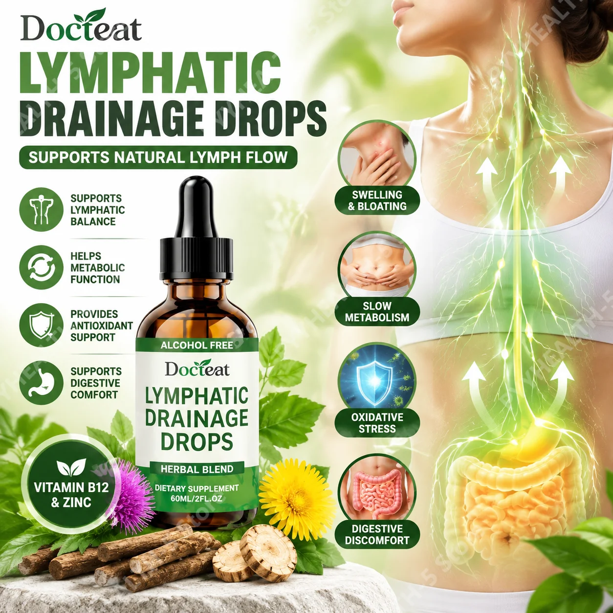 Lymphatic Drainage Drops Gluten Free Lymphatic Balance for Metabolic Antioxidant Digestive Comfort with Vitamin B12 Zinc 60 Ml