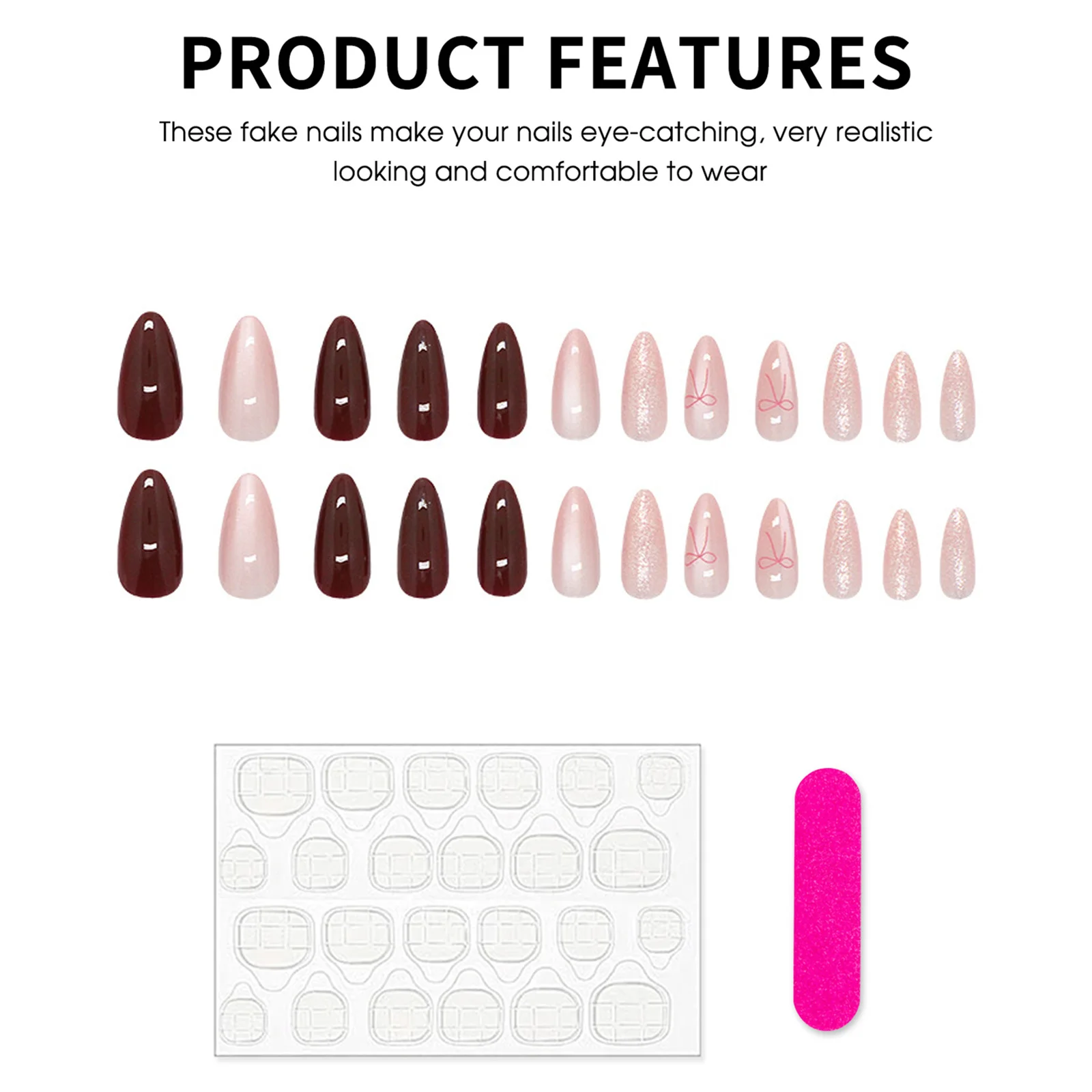 24 قطعة اللوز الأحمر الأظافر وهمية لامعة الوردي عيون القط تصاميم اضغط على الأظافر Bowknot ديكور النساء الفتيات سحر مانيكير رسومات أظافر